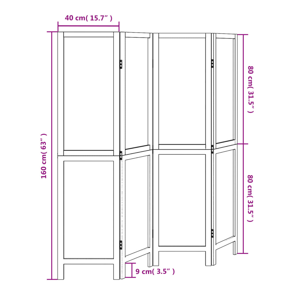 Kamerscherm met 4 panelen massief paulowniahout wit