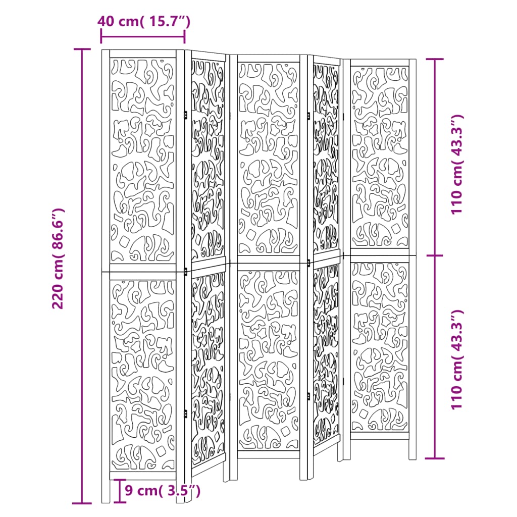 Kamerscherm met 5 panelen massief paulowniahout zwart