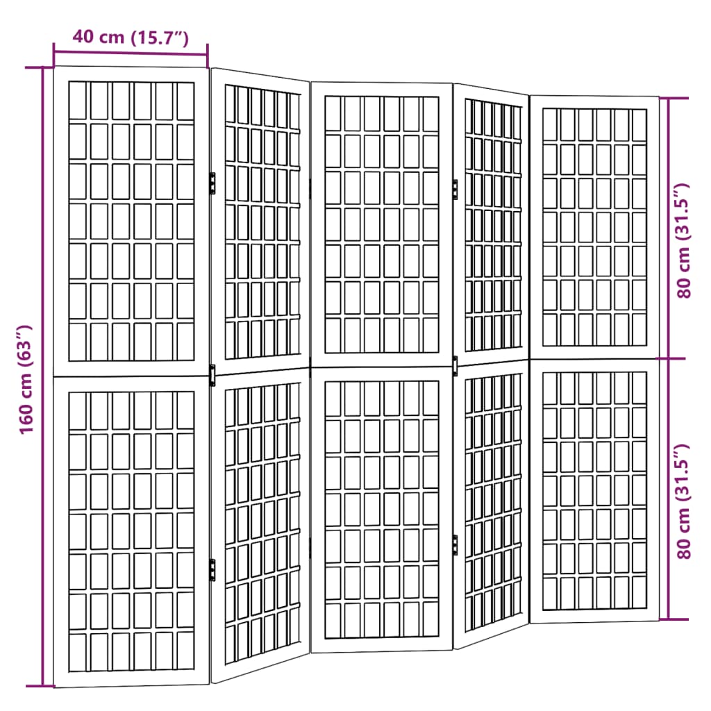 Kamerscherm met 5 panelen massief paulowniahout wit