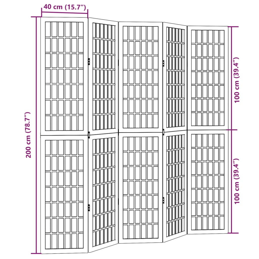 Kamerscherm met 5 panelen massief paulowniahout wit