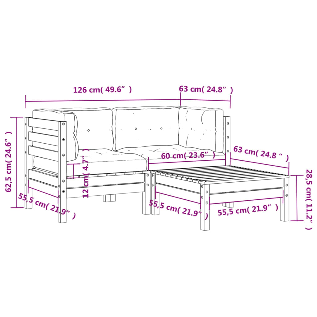 Tuinbank 2-Zits Met Kussens En Voetenbank Natuurlijk douglashout 2x corner + footrest