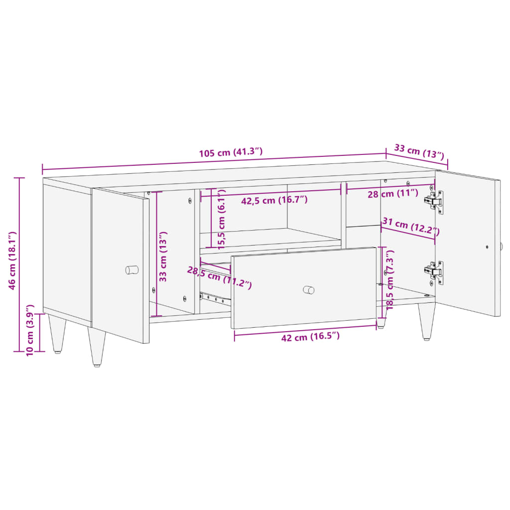 Tv-meubel 105x33x46cm massief mangohout