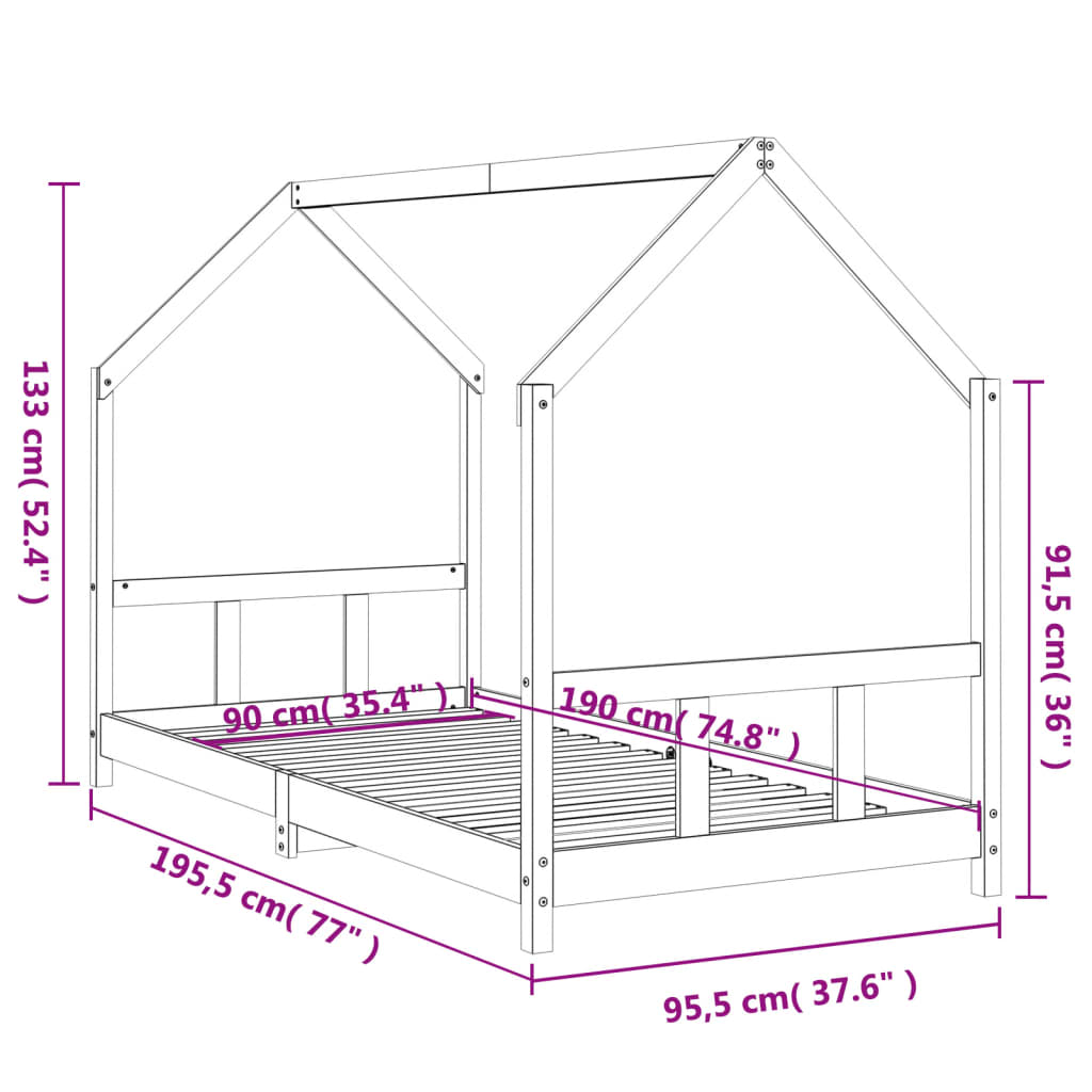 Kinderbedframe 90x190 cm massief grenenhout zwart