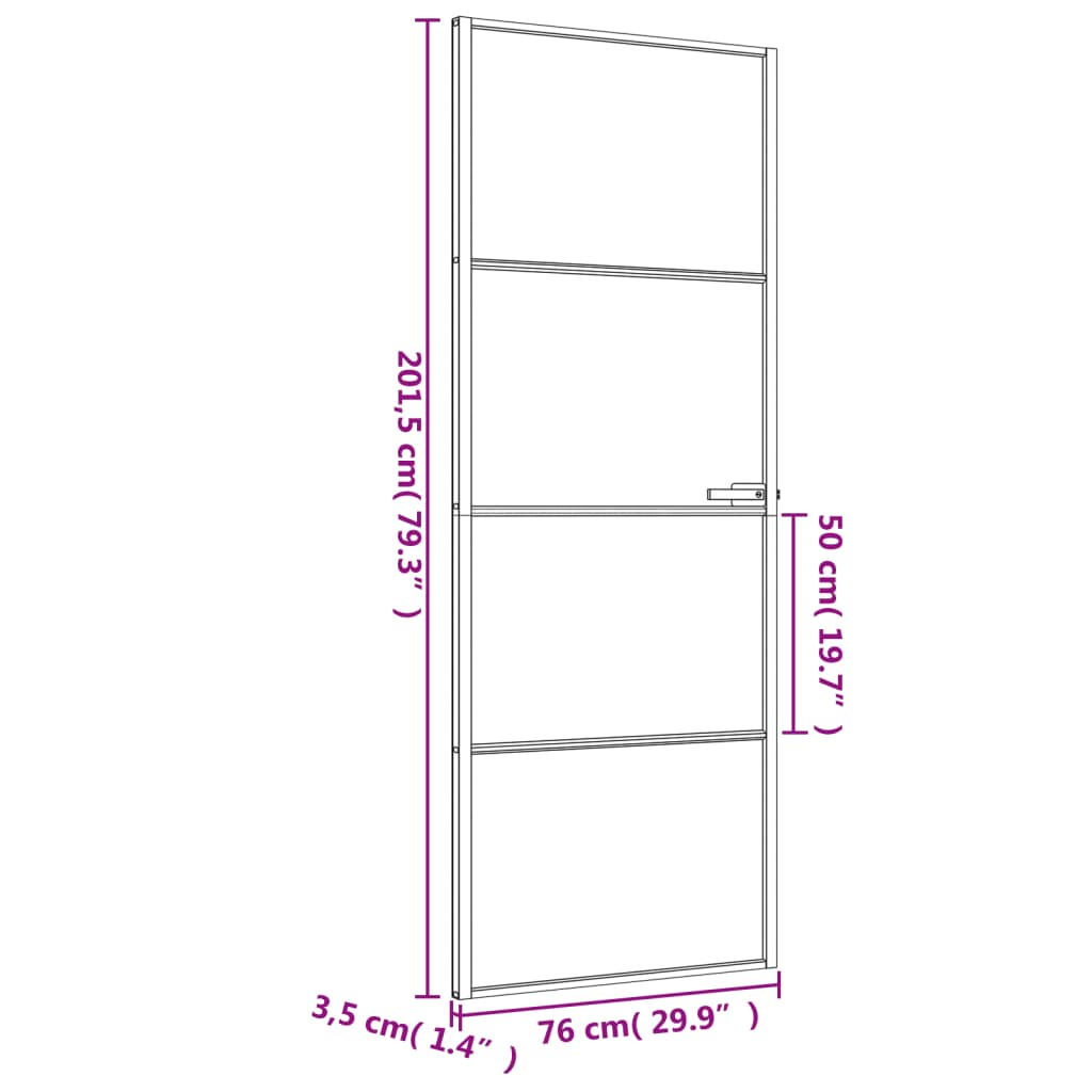 Binnendeur smal 76x201,5 cm gehard glas en aluminium zwart