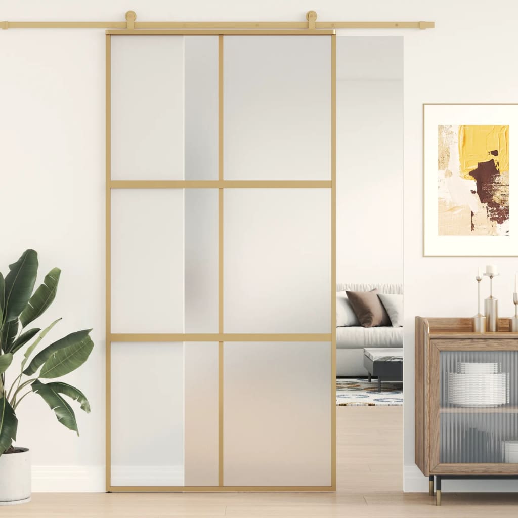 Schuifdeur 102,5x205 cm mat ESG-glas en aluminium goudkleurig