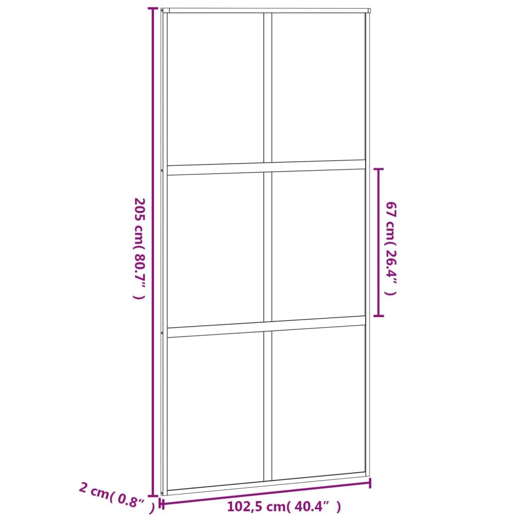 Schuifdeur 02,5X205 Cm Gehard Glas En Aluminium Zwart En Transparant En Mat 102.5 x 205 cm 3x2 raster