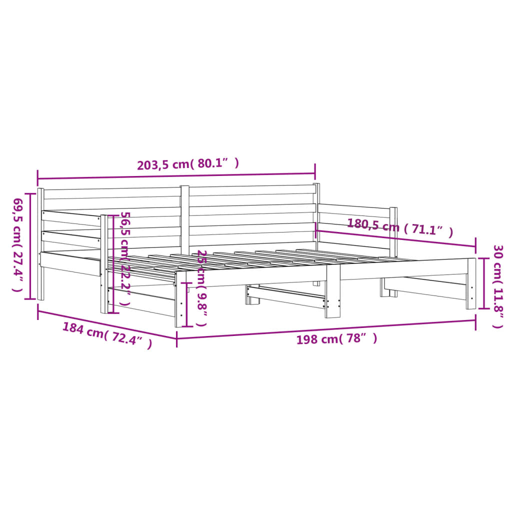 Slaapbank Met Onderschuifbed 90X200 Cm Massief Grenenhout Zwart 90 x 200 cm