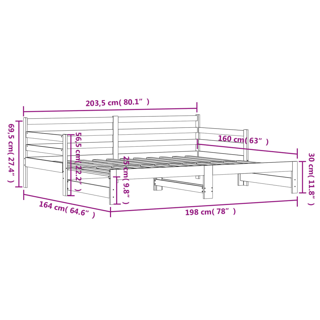 Slaapbank Met Onderschuifbed 80X200 Cm Massief Grenenhout Zwart 80 x 200 cm