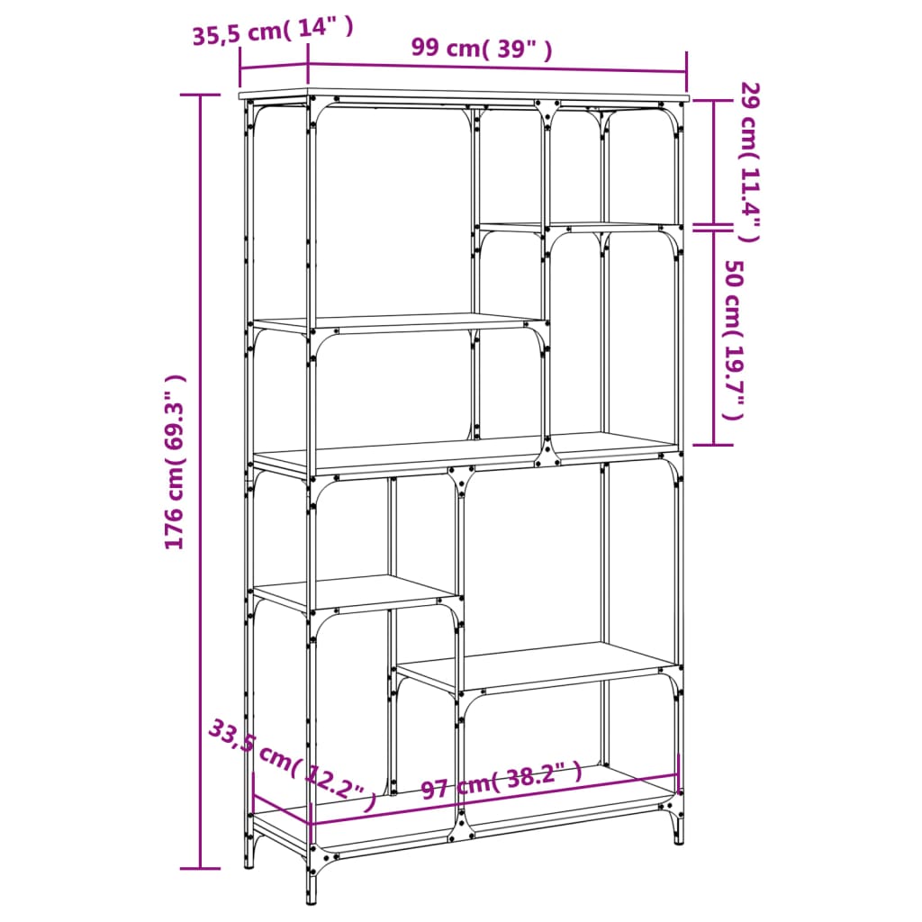 Boekenrek 99X35,5X176 Cm Bewerkt Hout En Staal Gerookt Eiken 99 x 35.5 x 176 cm