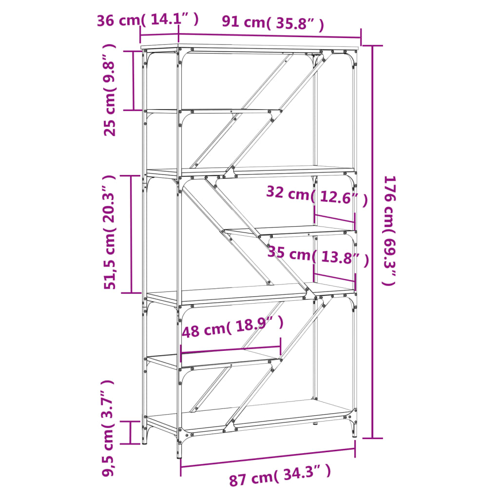 Boekenrek 91X36X176 Cm Bewerkt Hout En Staal Grijs Sonoma