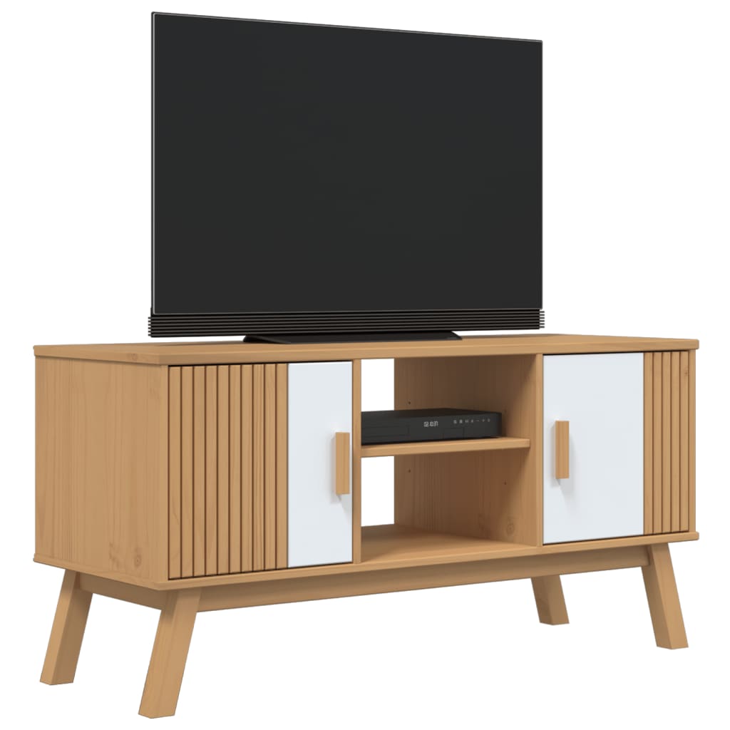 Tv-Meubel Olden 114X43X57 Cm Massief Grenenhout Wit En Bruin