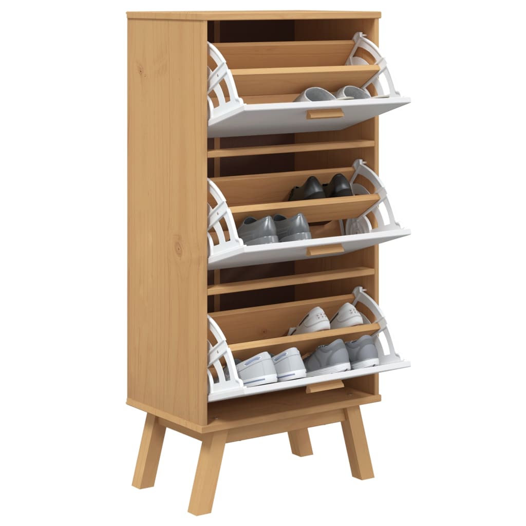 Schoenenkast Olden 55X35X120 Cm Grenenhout Wit En Bruin