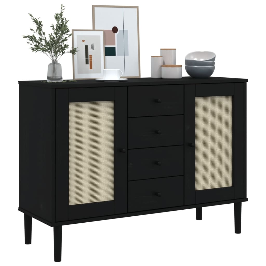 Dressoir Senja Rattan-Look 112X40X80 Cm Grenenhout Zwart