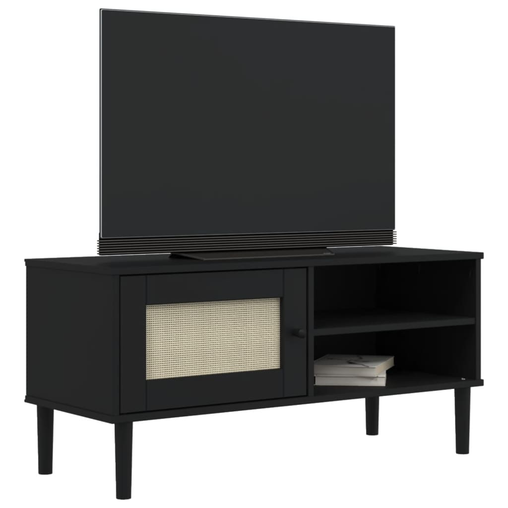 Tv-Meubel Senja 106X40X49 Cm Rattan Massief Grenenhout Zwart