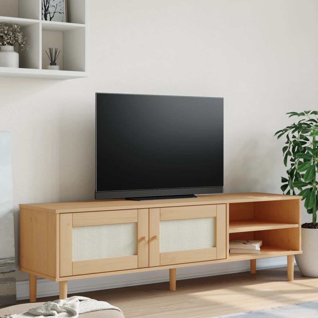 Tv-Meubel Senja 158X40X49 Cm Rattan-Look Grenenhout Bruin