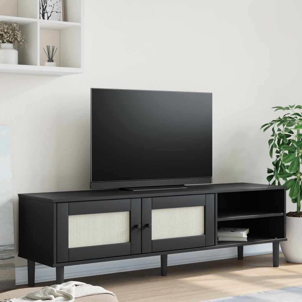 Tv-Meubel Senja 158X40X49 Cm Rattan-Look Massief Grenen Zwart