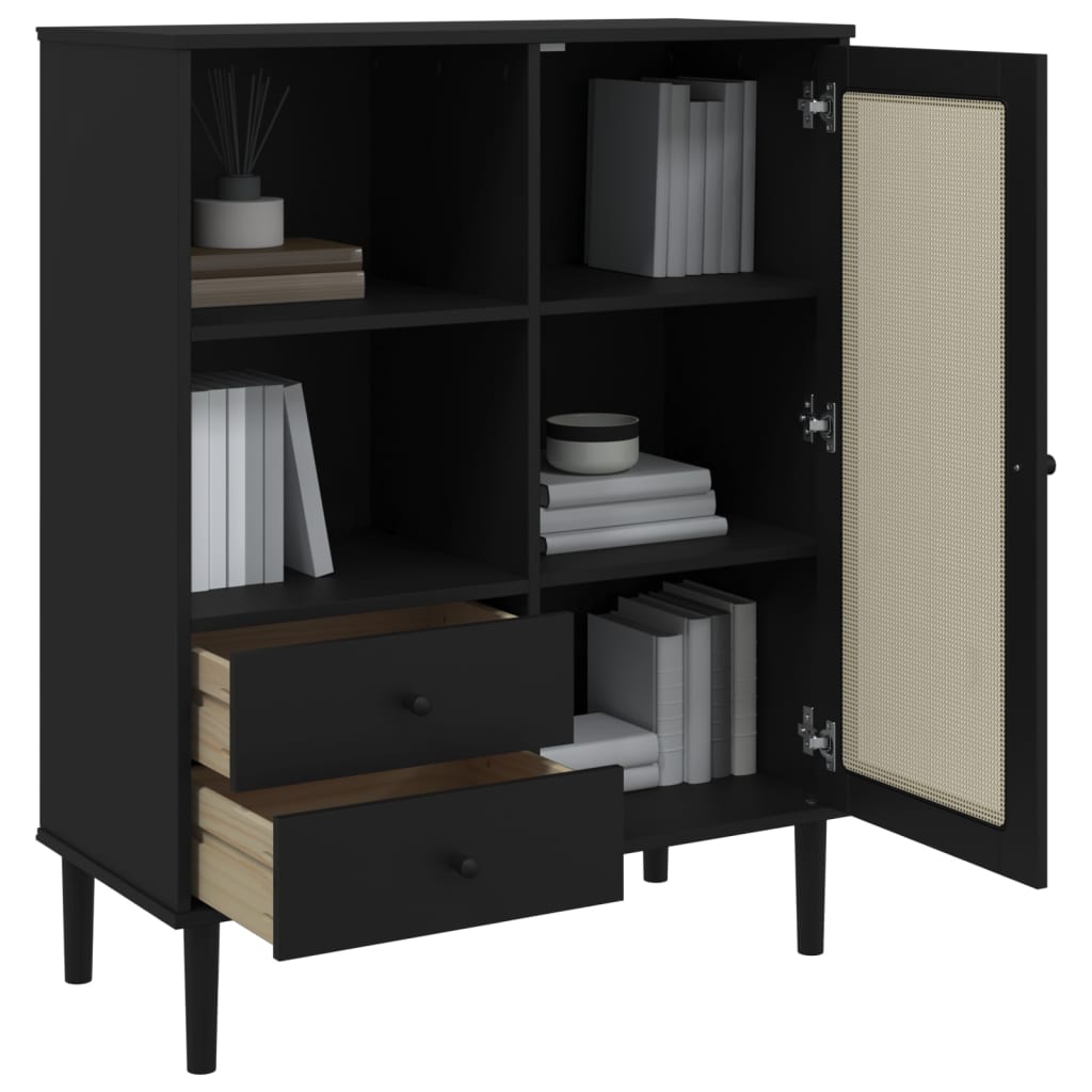 Hoge Kast Senja Rattan-Look 90X40X112 Cm Grenenhout Zwart