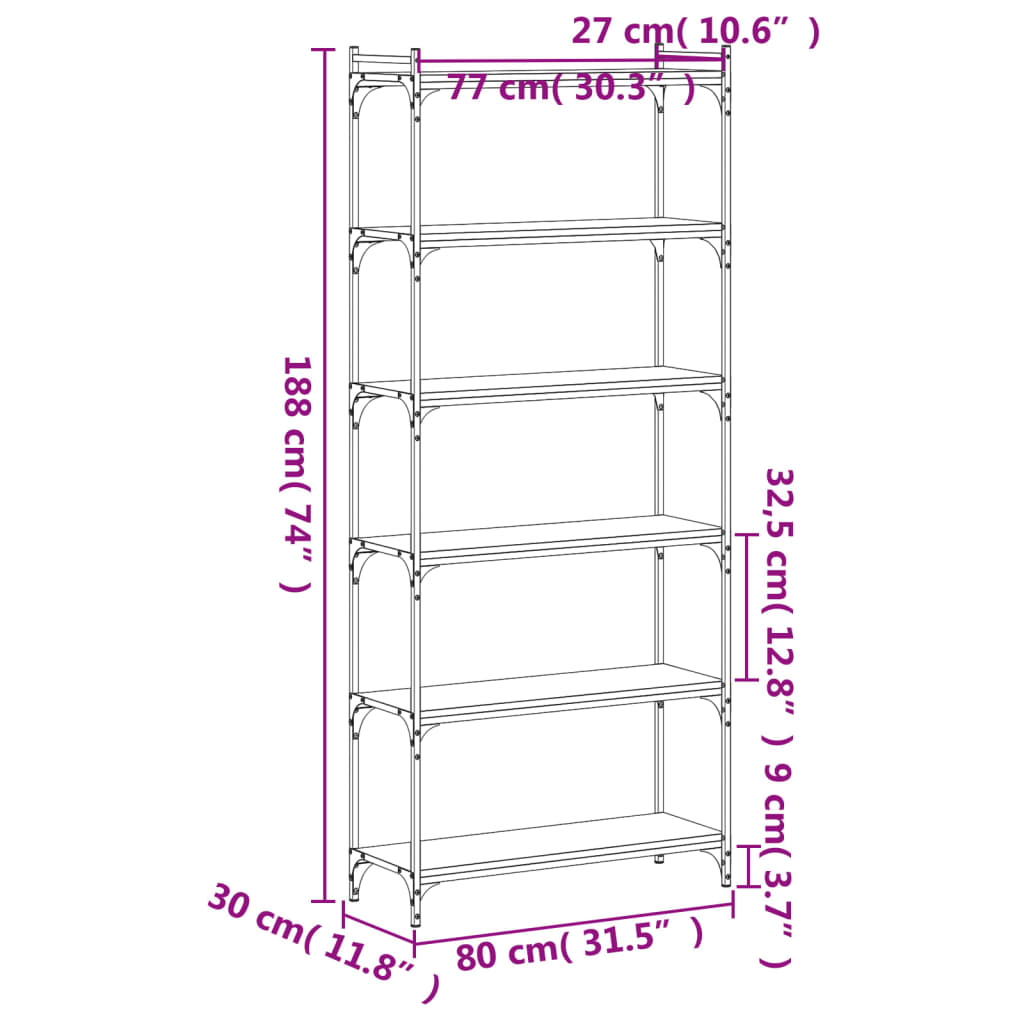 Boekenkast 6-Laags 80X30X188 Cm Bewerkt Hout Bruineikenkleurig bruin eikenkleur 80 x 30 x 188 cm