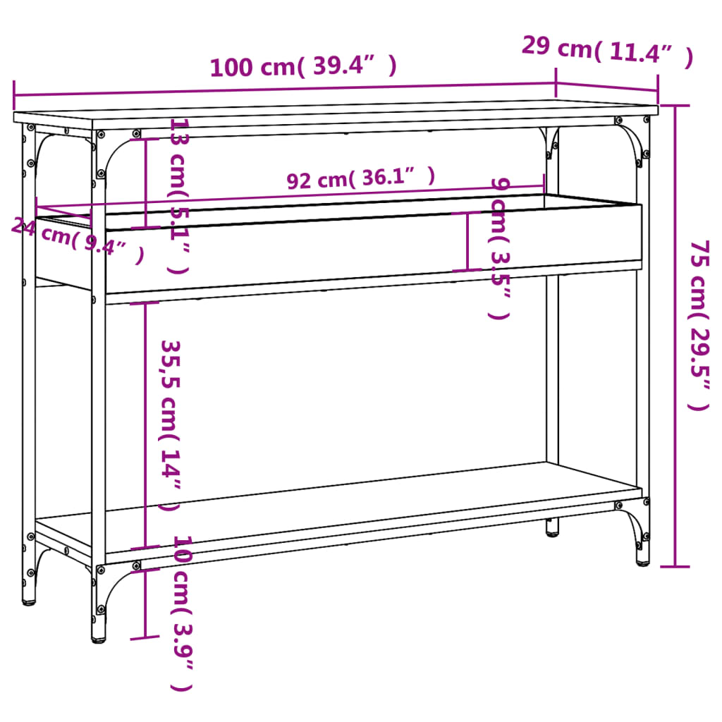 Wandtafel met schap 100x29x75 cm bewerkt hout zwart