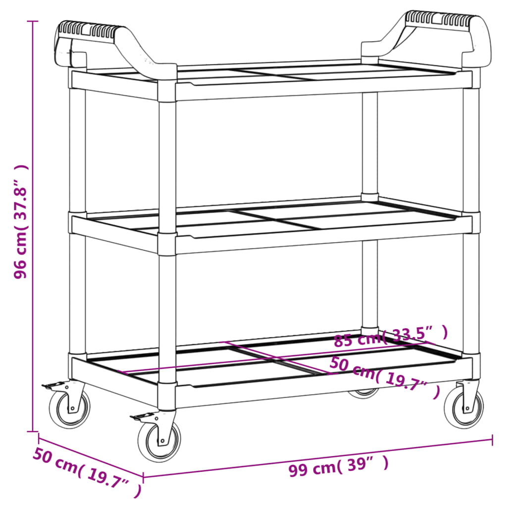 Trolley 3-laags 99x50x96 cm aluminium zwart