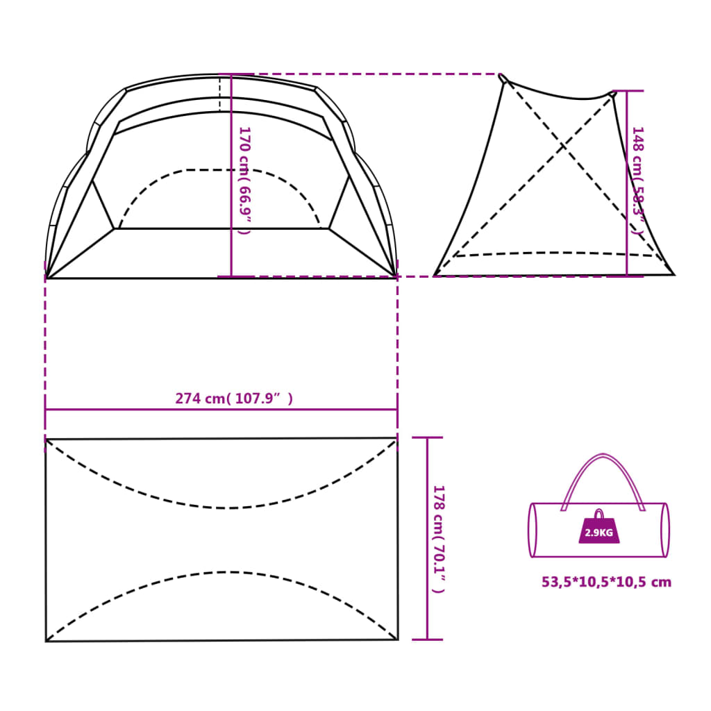 Strandtent 274X178X170/148 Cm 185T Taft Grijs