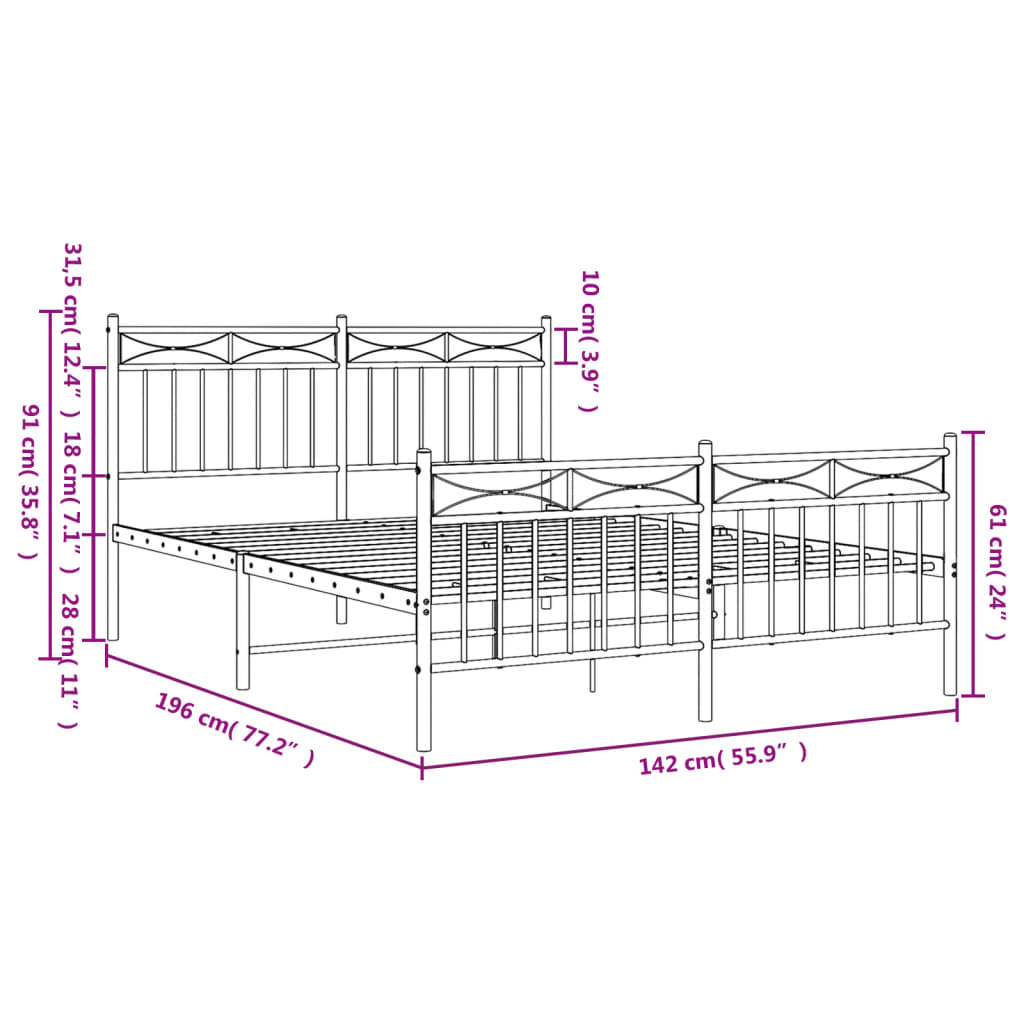 Bedframe Met Hoofd- En Voeteneinde Metaal Zwart 135X190 Cm met hoofdbord & voetbord