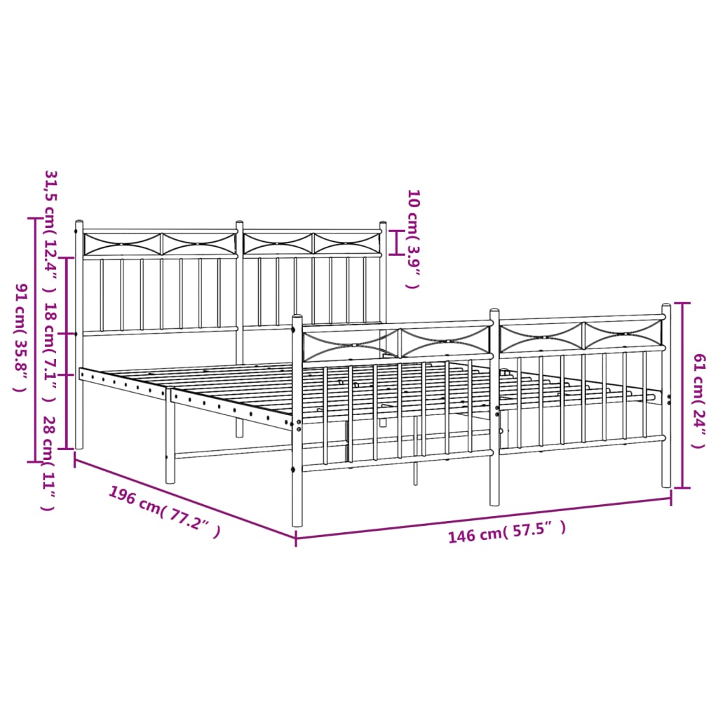 Bedframe Met Hoofd- En Voeteneinde Metaal Zwart 140X190 Cm met hoofdbord & voetbord