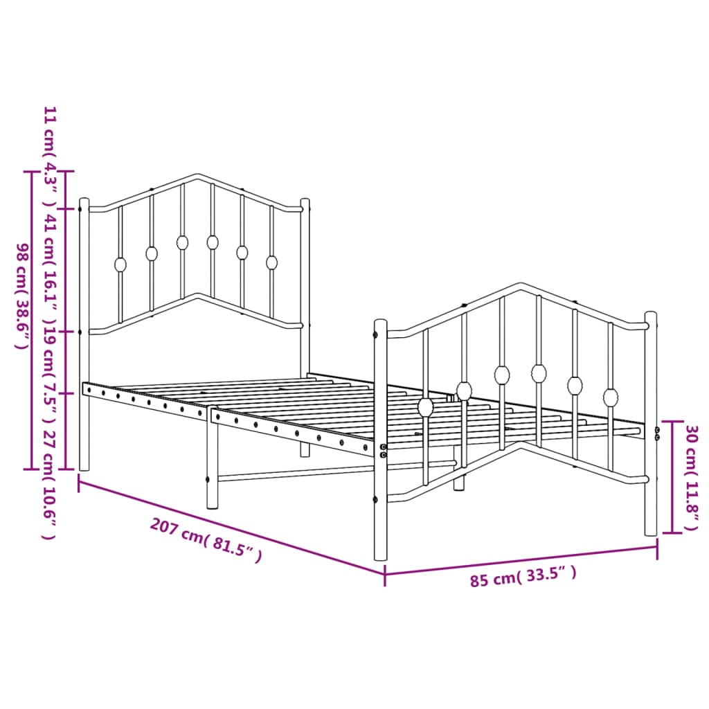 Bedframe Met Hoofd- En Voeteneinde Metaal Zwart 80X200 Cm 80 x 200 cm met hoofdbord & voetbord