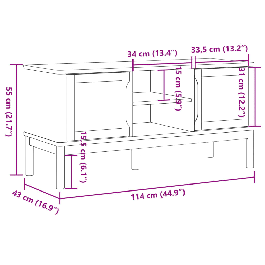 Tv-meubel FLORO 114x43x55 cm massief grenenhout grijs