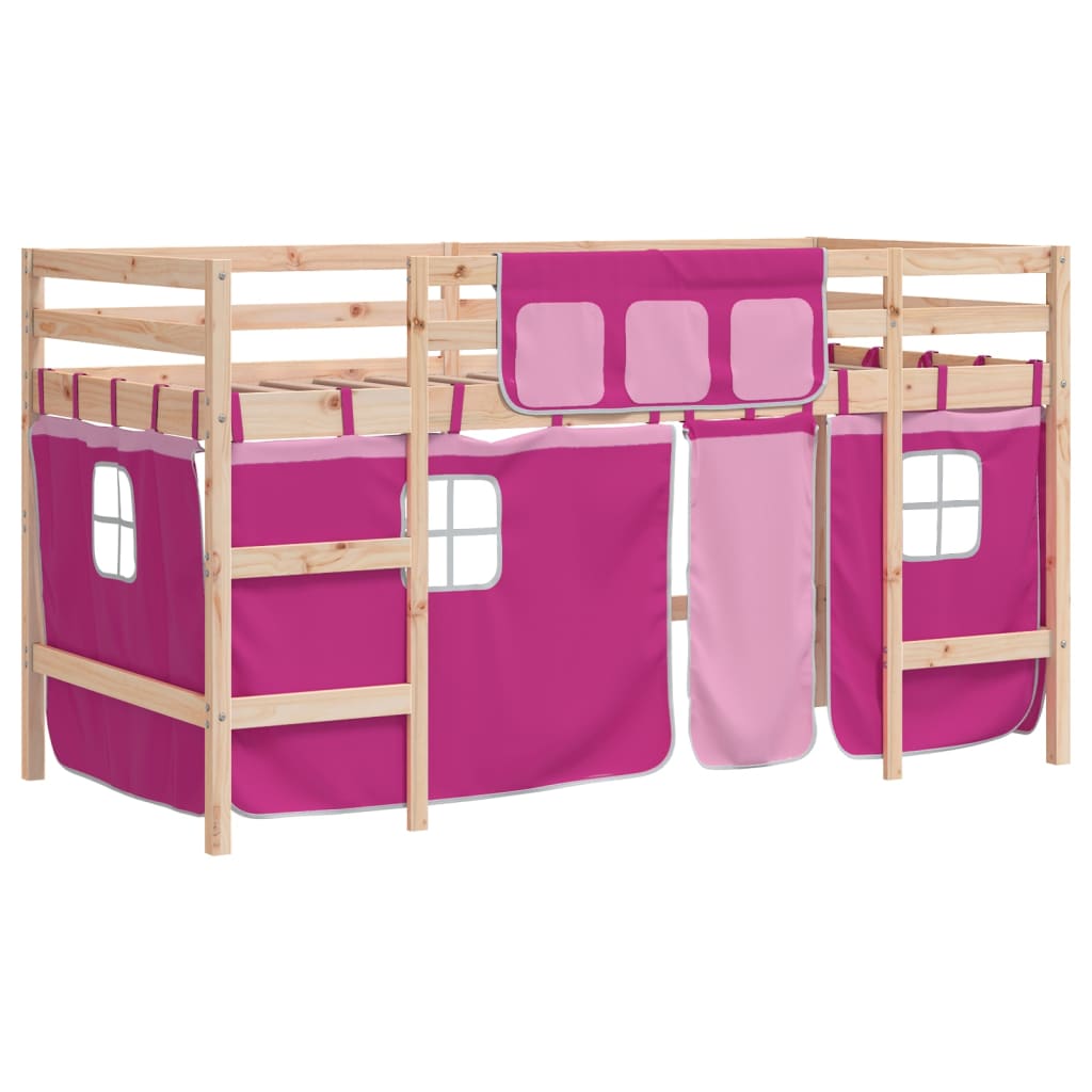 Kinderhoogslaper met gordijnen 90x190 cm grenenhout roze