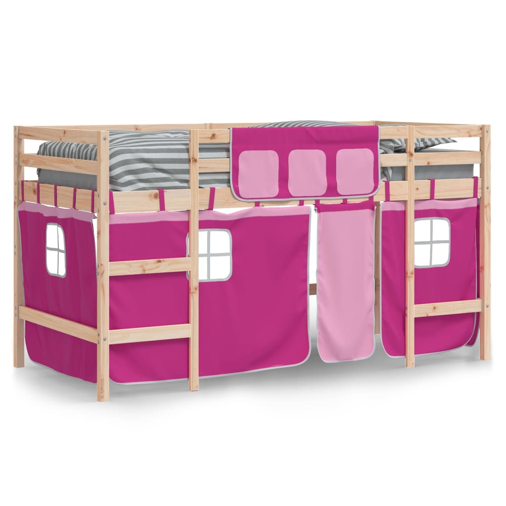 Kinderhoogslaper met gordijnen 90x190 cm grenenhout roze