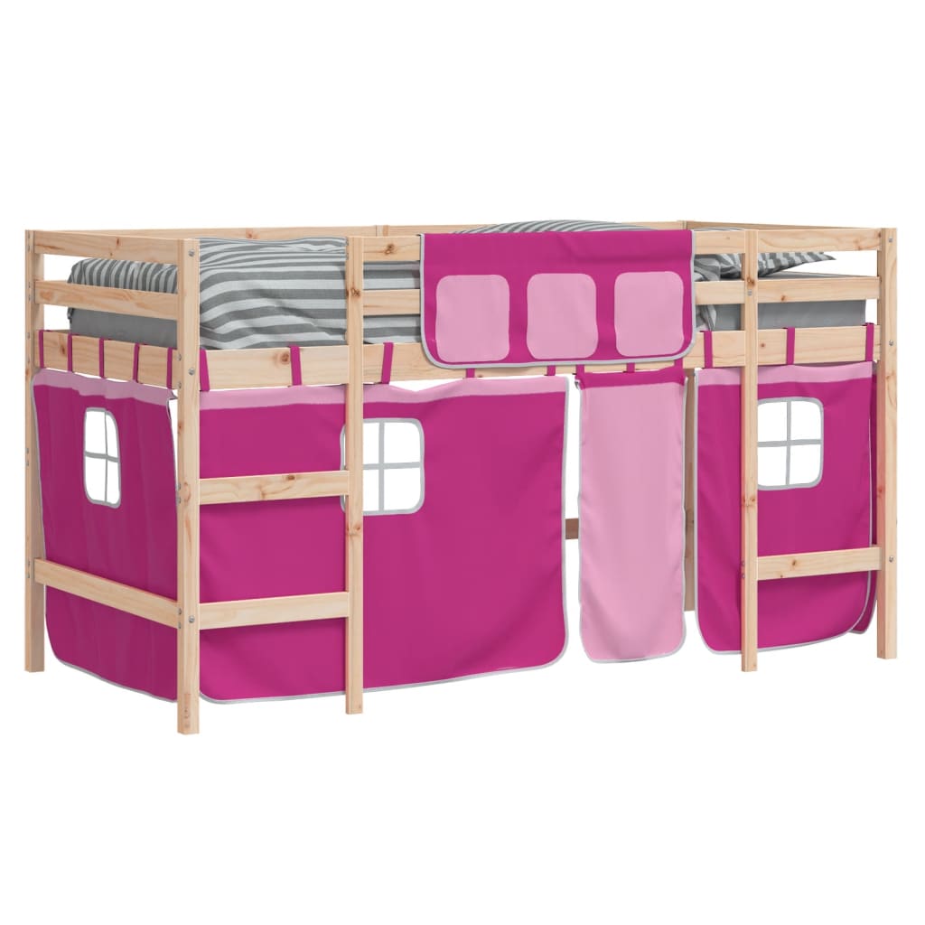 Kinderhoogslaper met gordijnen 90x190 cm grenenhout roze