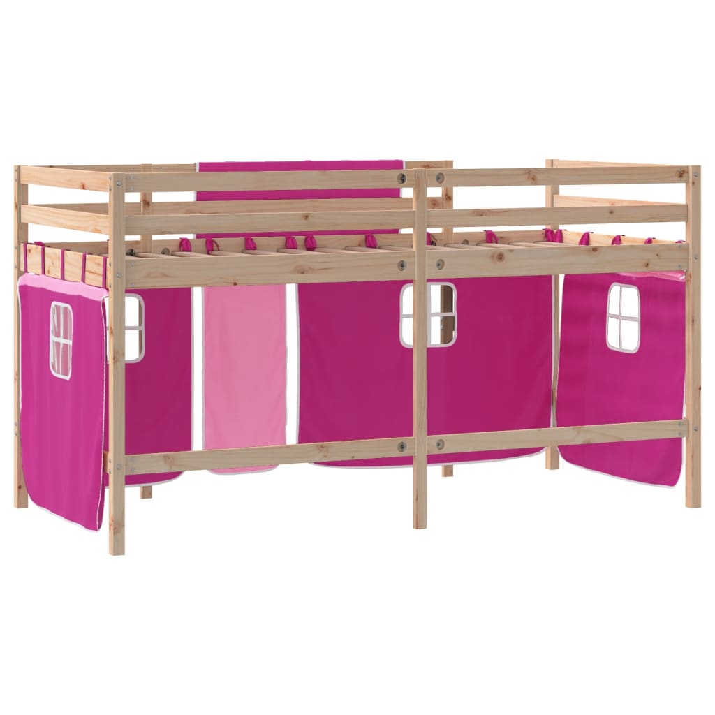 Kinderhoogslaper met gordijnen 90x190 cm grenenhout roze