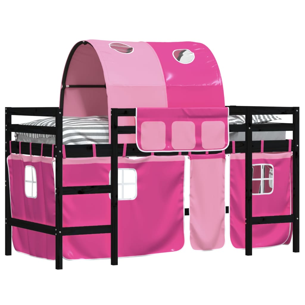 Kinderhoogslaper Met Tunnel 90X190 Cm Massief Grenenhout Roze Zwart en roze 90 x 190 cm