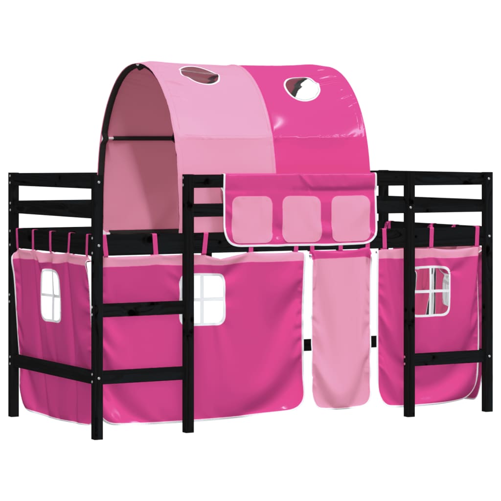 Kinderhoogslaper Met Tunnel 90X190 Cm Massief Grenenhout Roze Zwart en roze 90 x 190 cm