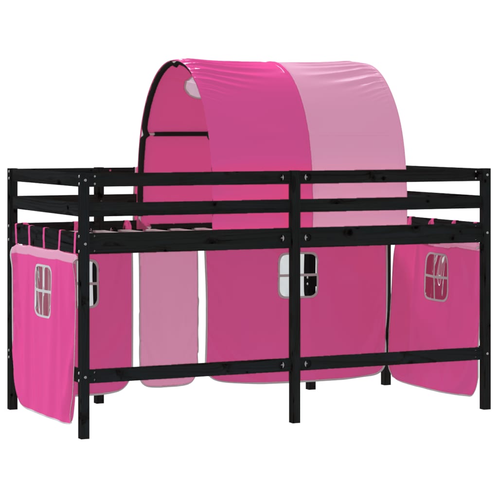 Kinderhoogslaper Met Tunnel 90X190 Cm Massief Grenenhout Roze Zwart en roze 90 x 190 cm