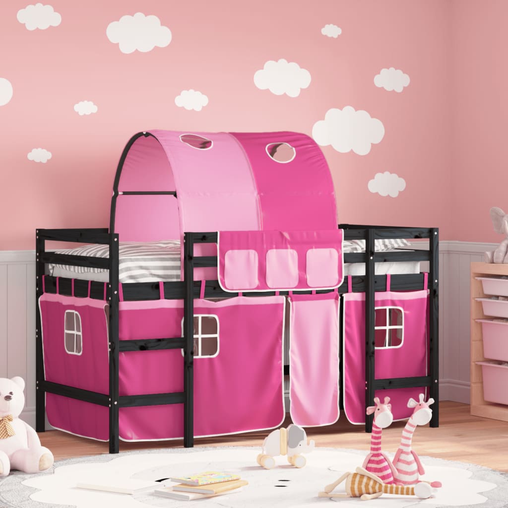 Kinderhoogslaper Met Tunnel 90X190 Cm Massief Grenenhout Roze Zwart en roze 90 x 190 cm