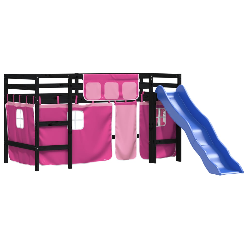 Kinderhoogslaper met gordijnen 80x200 cm grenenhout roze