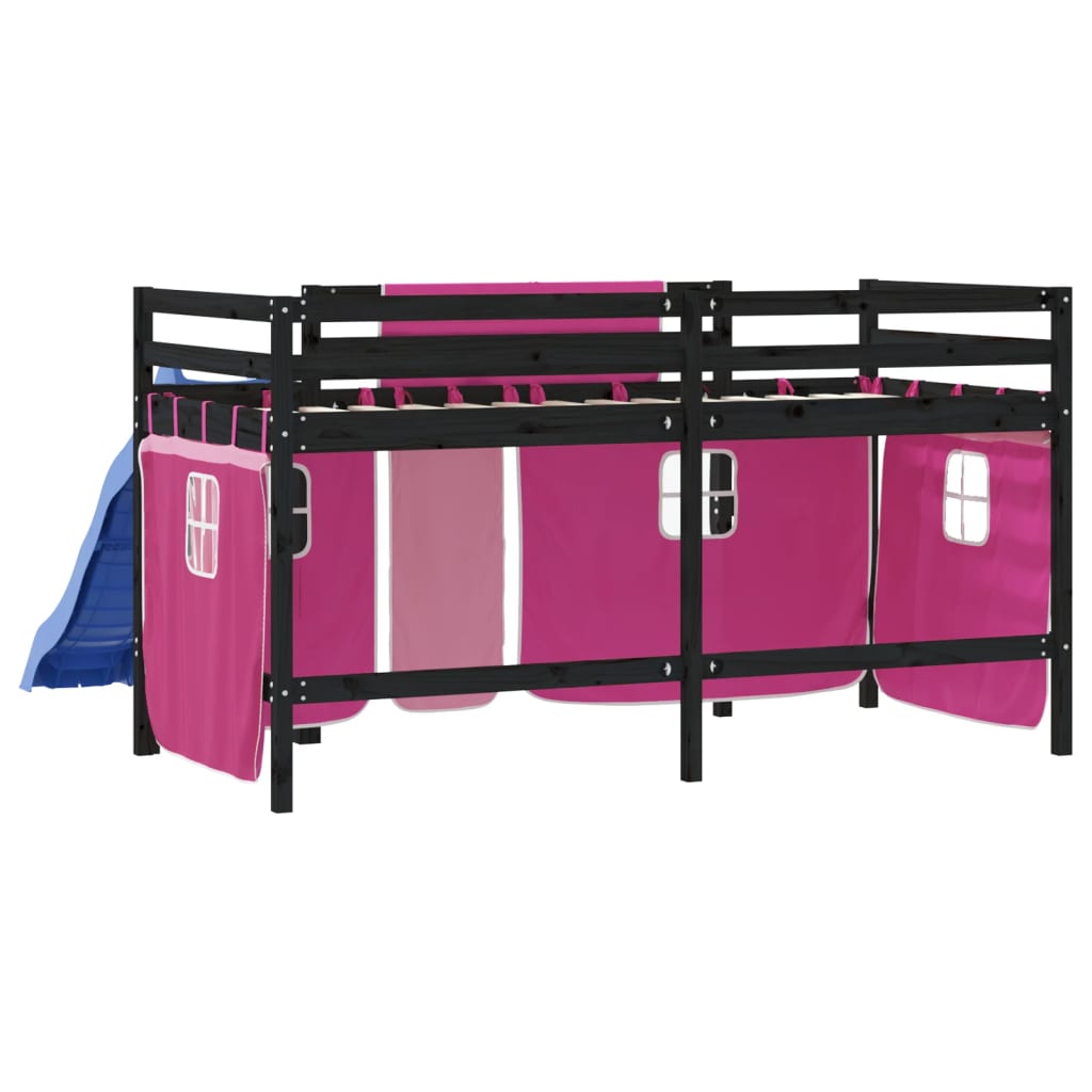 Kinderhoogslaper met gordijnen 80x200 cm grenenhout roze