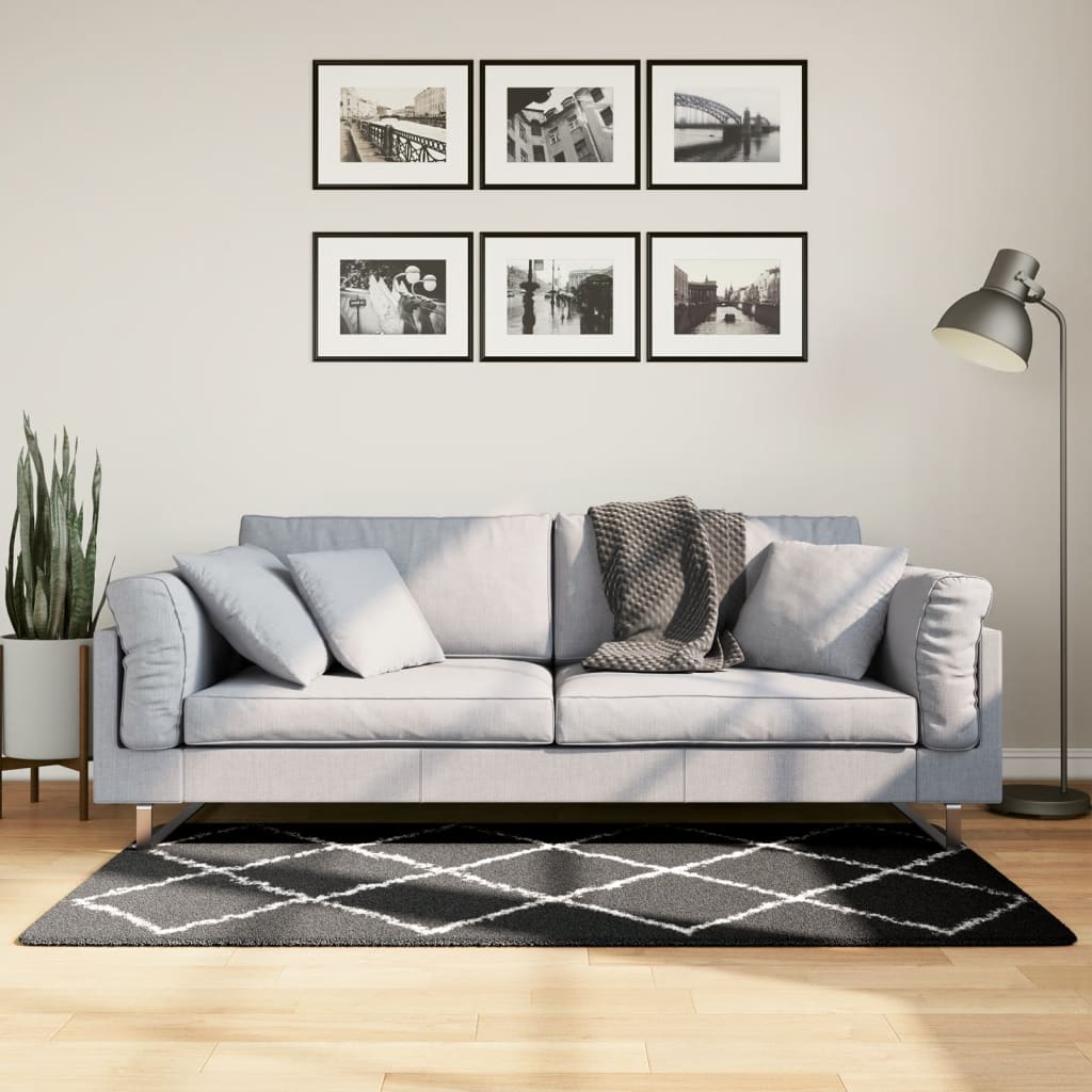 Vloerkleed Shaggy Hoogpolig Modern Zwart En Crème 80 x 150 cm