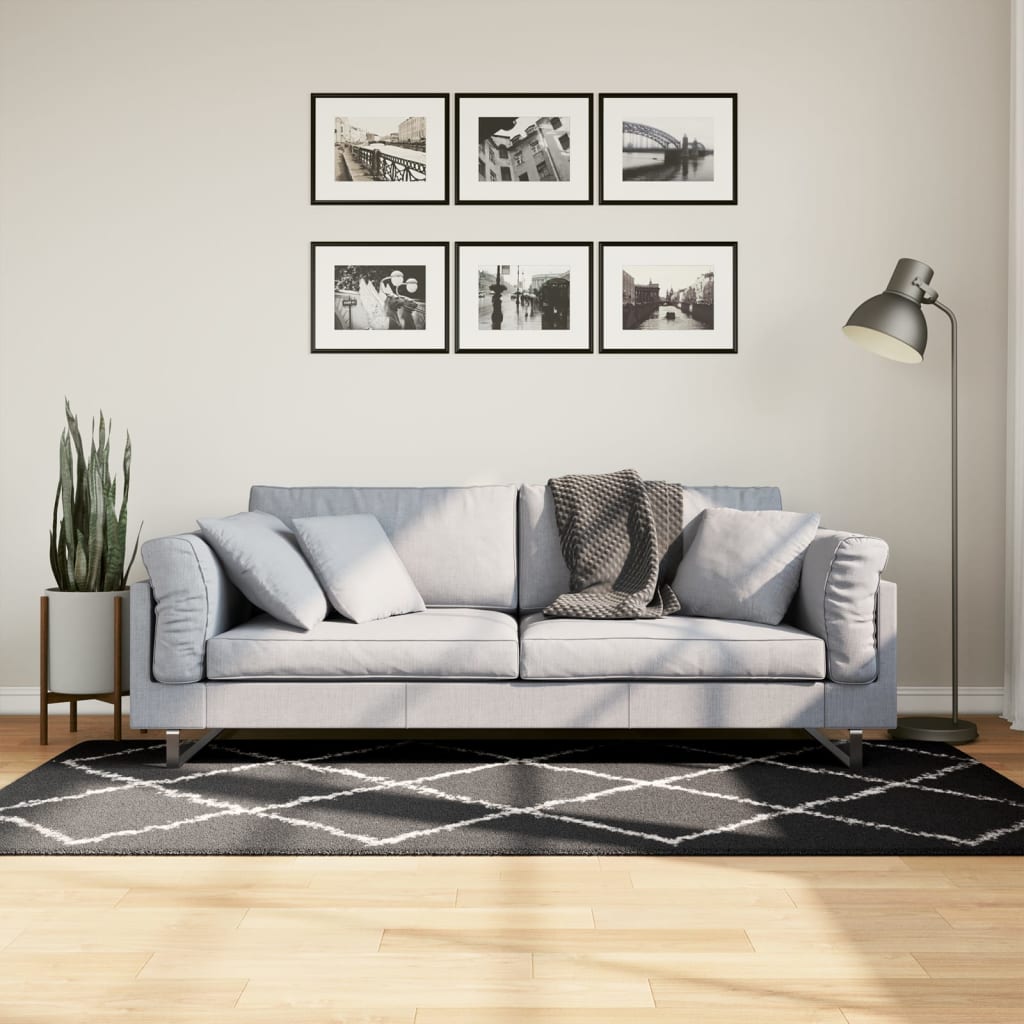 Vloerkleed Shaggy Hoogpolig Modern Zwart En Crème 100 x 200 cm