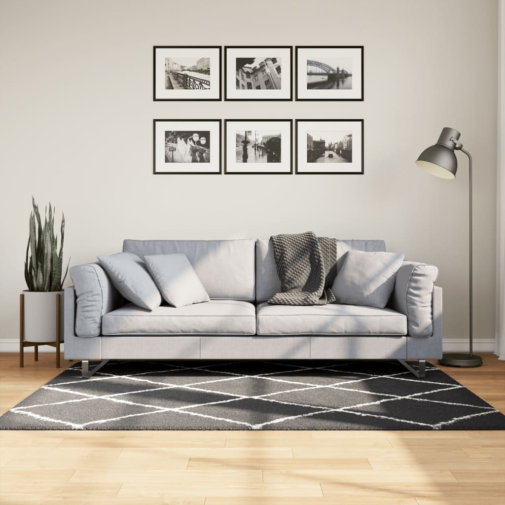 Vloerkleed Shaggy Hoogpolig Modern Zwart En Crème 120 x 170 cm