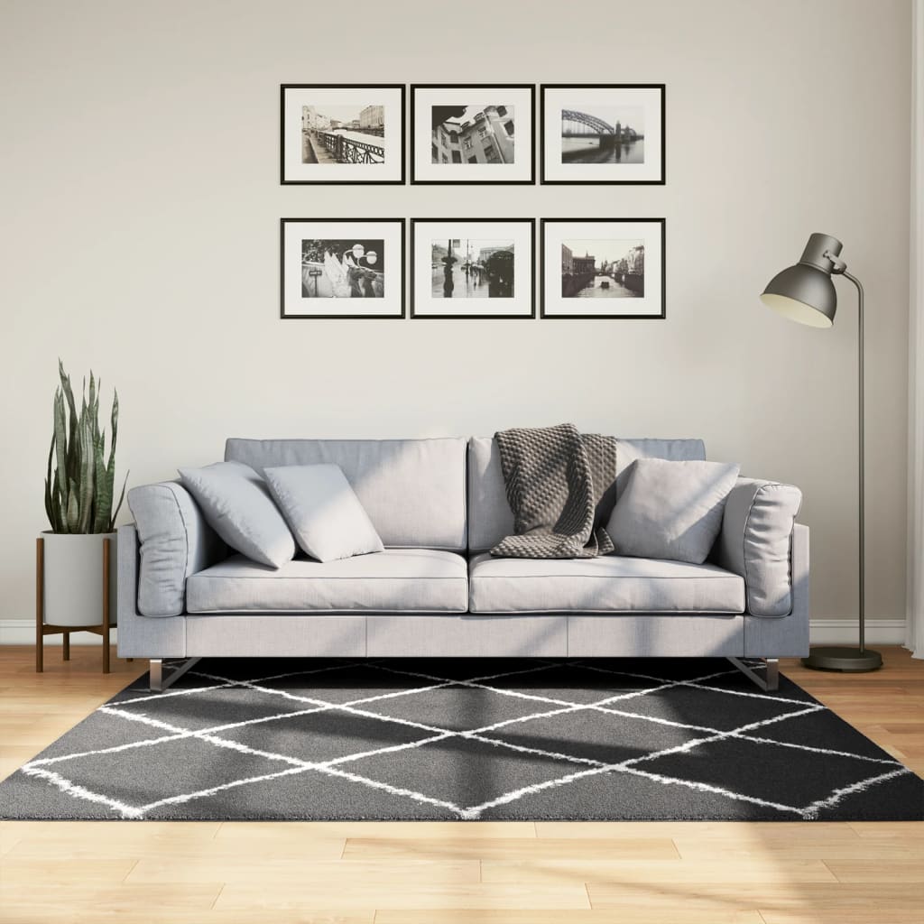 Vloerkleed Shaggy Hoogpolig Modern Zwart En Crème 160 x 160 cm