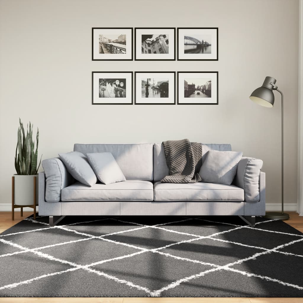 Vloerkleed Shaggy Hoogpolig Modern Zwart En Crème 200 x 200 cm