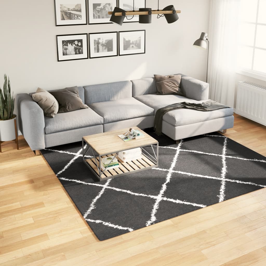 Vloerkleed Shaggy Hoogpolig Modern Zwart En Crème 240 x 240 cm