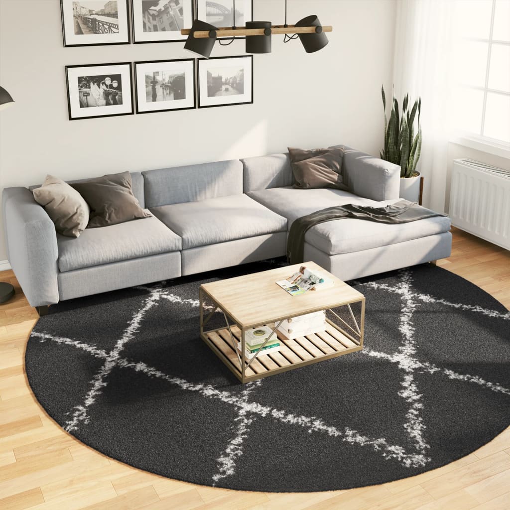 Vloerkleed Shaggy Hoogpolig Modern Ø 280 Cm Zwart En Crème ? 280 cm