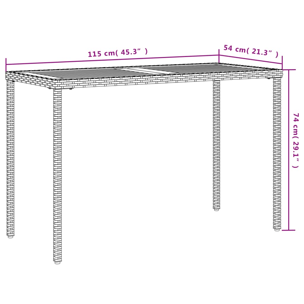 Tuintafel met acaciahouten blad 115x54x74 cm poly rattan zwart