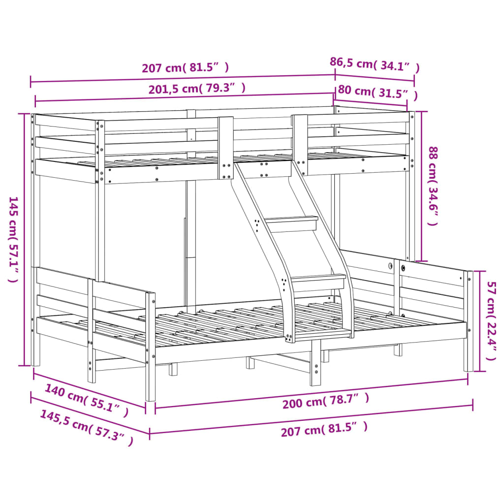 Stapelbed massief grenenhout wasbruin 80x200/140x200 cm