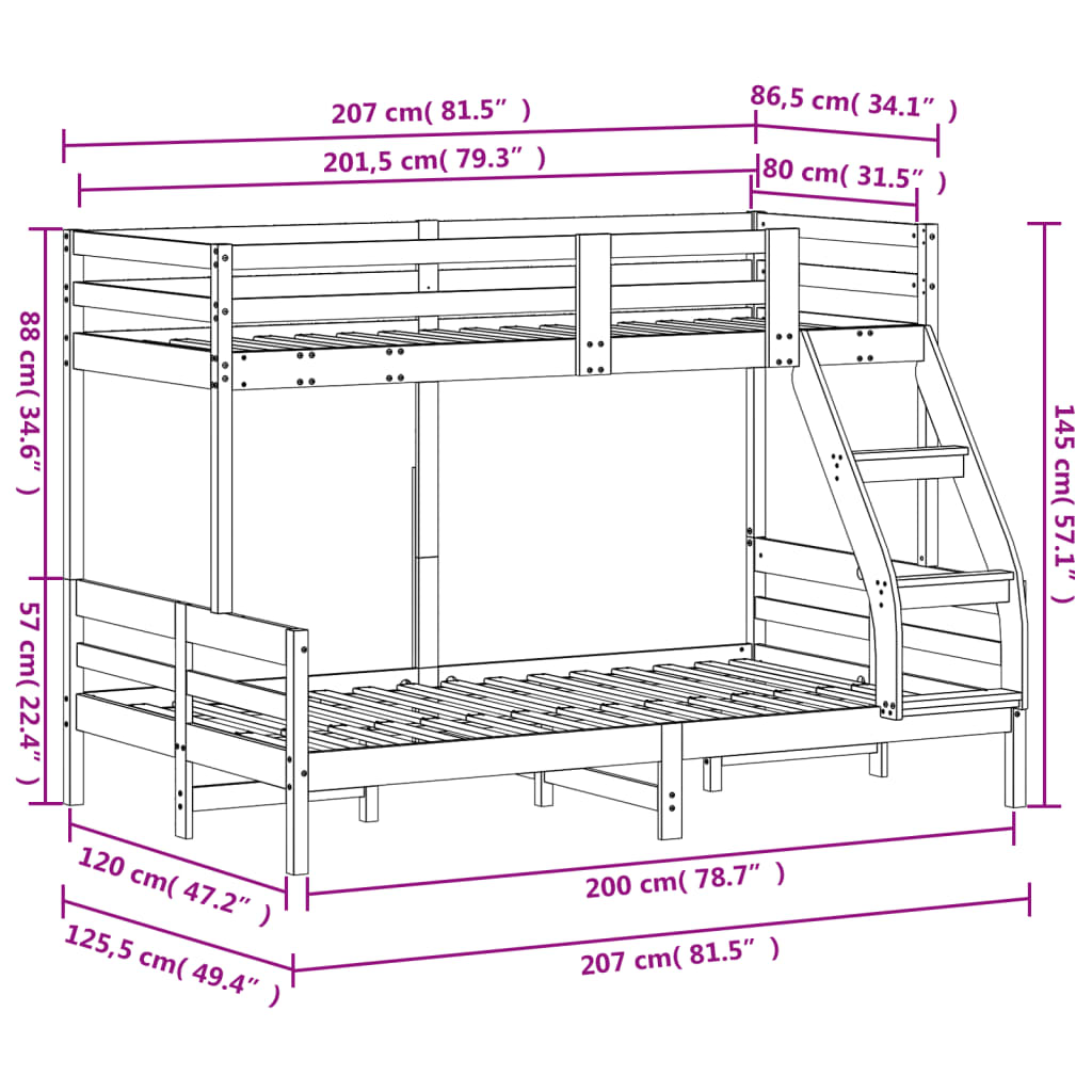 Stapelbed massief grenenhout wit 80x200/120x200 cm