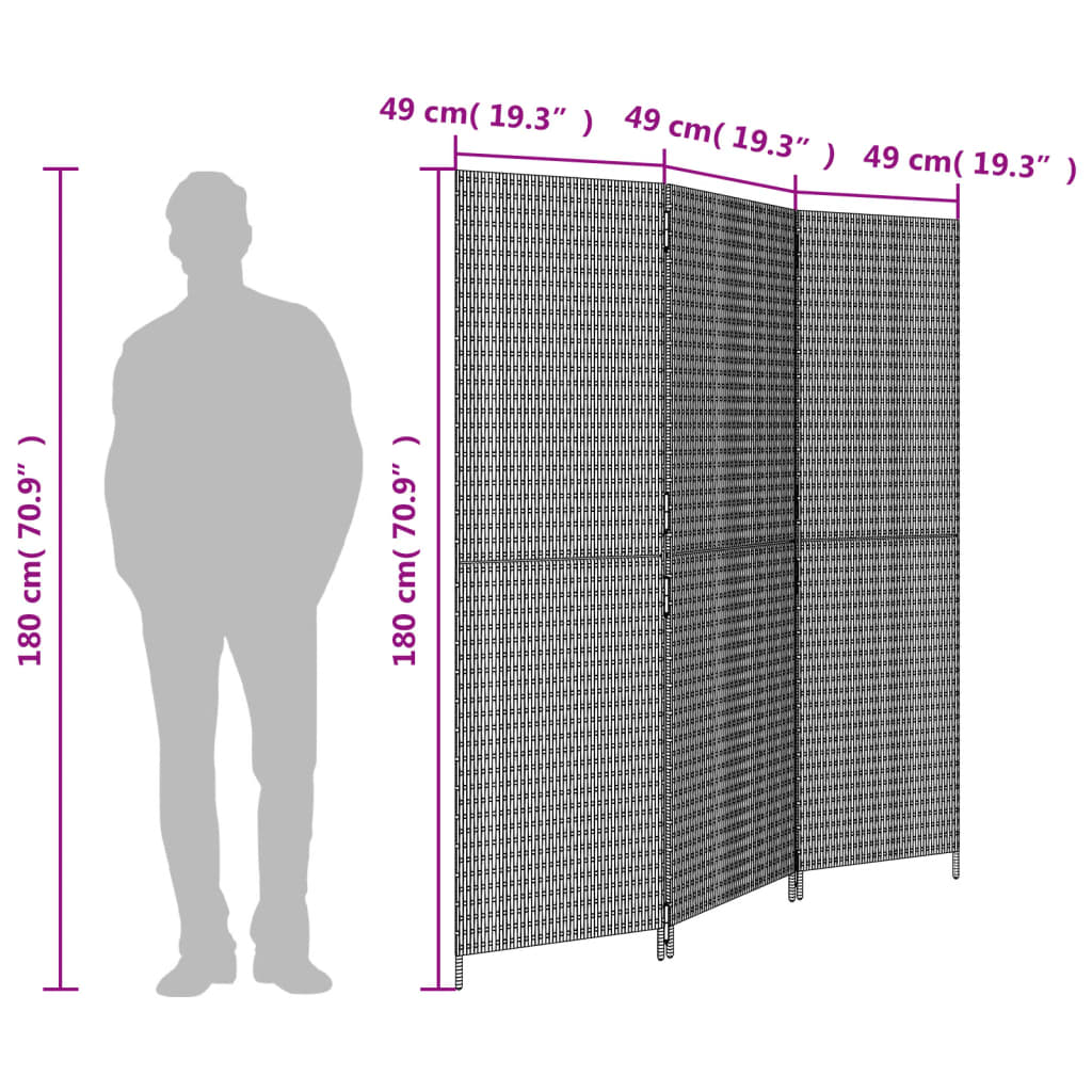 Kamerscherm 3 Panelen Poly Rattan Bruin 147 x 180 cm Dichtgeweven